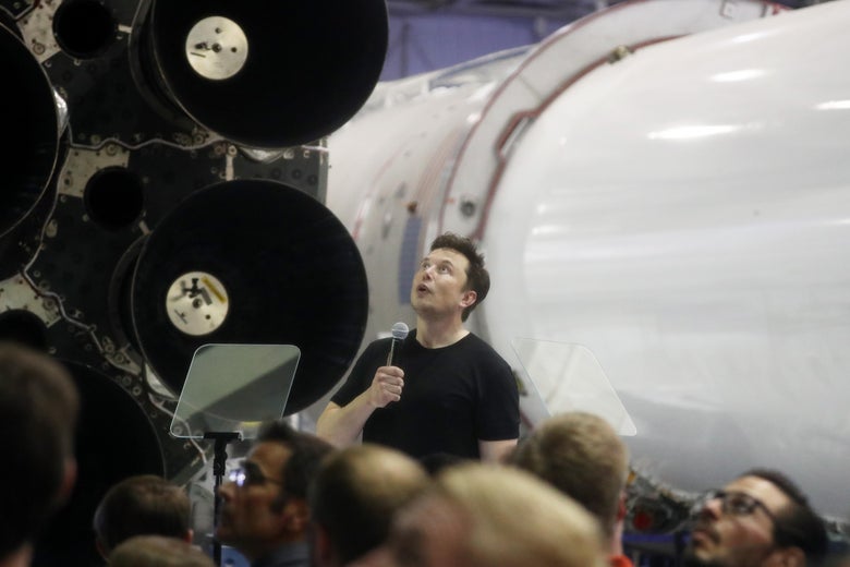 Elon Musk speaking at the headquarters of SpaceX, his rocket company